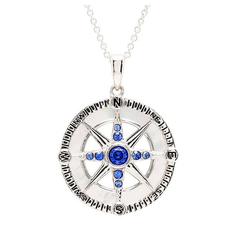 Sterling Silver Sapphire Crystal Mother Of Pearl Compass Necklace