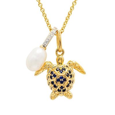 14k Gold Vermeil Blue and White Lab Sapphire Turtle Necklace