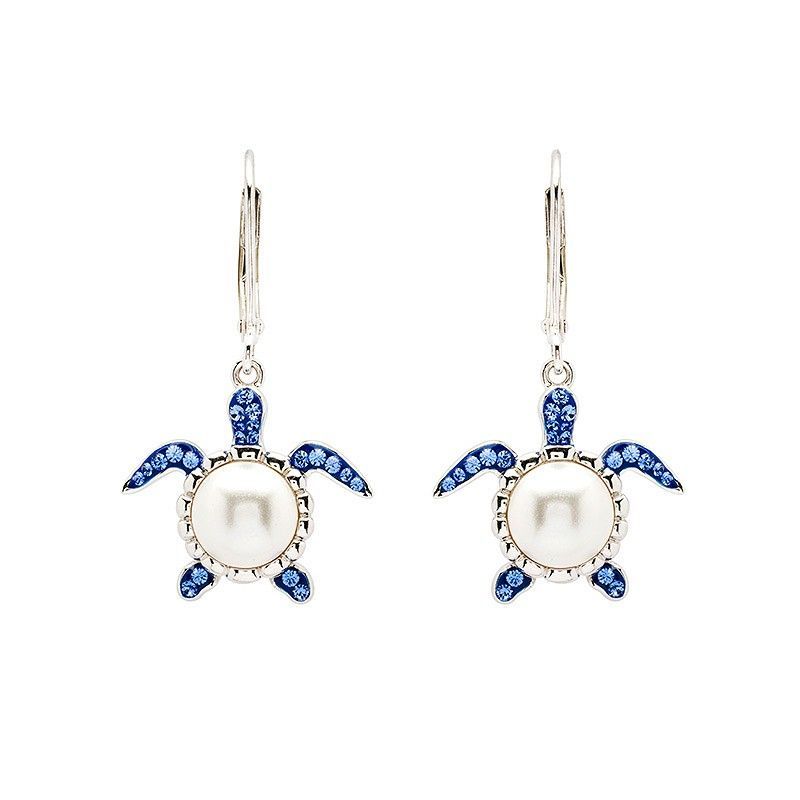 Sterling Silver Pearl Sapphire Crystal Turtle Earrings