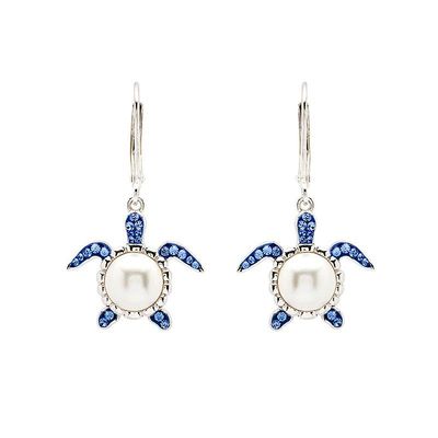Sterling Silver Pearl Sapphire Crystal Turtle Earrings