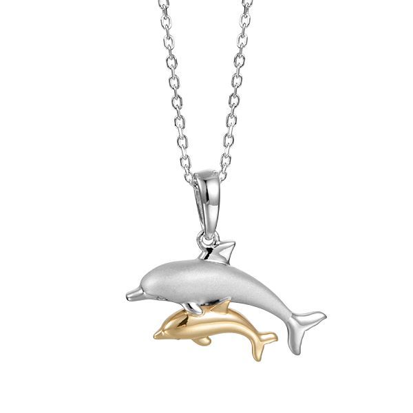 14kt Gold and Sterling Silver Double Dolphin Necklace