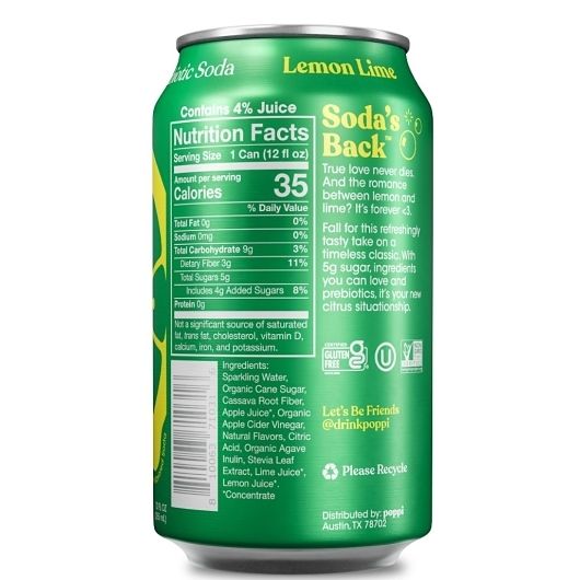 Poppi Prebiotic Soda Lemon Lime 12 oz Cans (Shelf Stable)