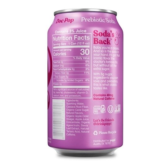 Poppi Prebiotic Doc Pop Soda 12 oz Cans (Shelf Stable)