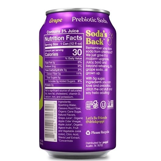 Poppi Prebiotic Grape Soda 12 oz Cans (Shelf Stable)