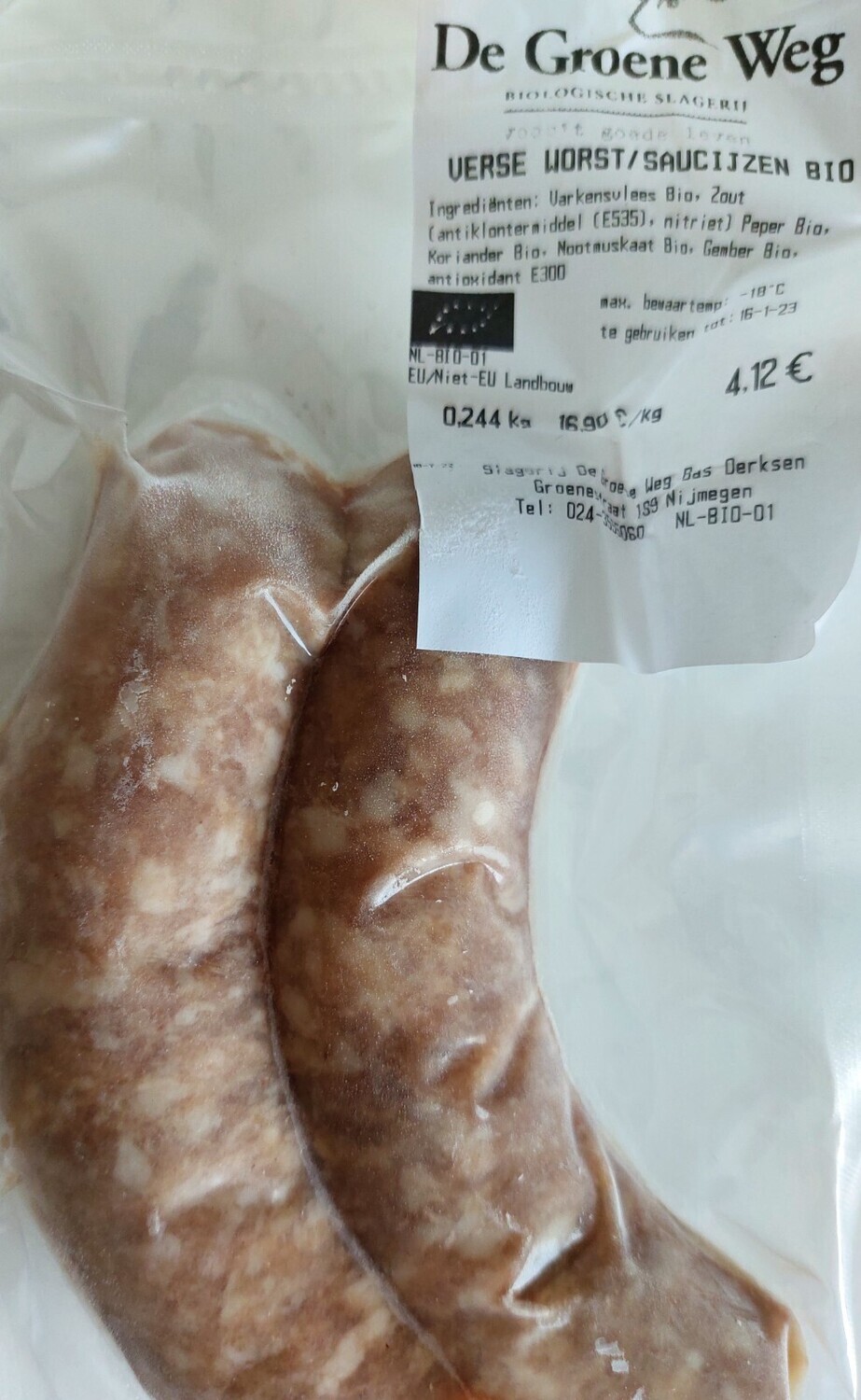 Verse worst/saucijzen 2 stuks ca 250 gram(bio)