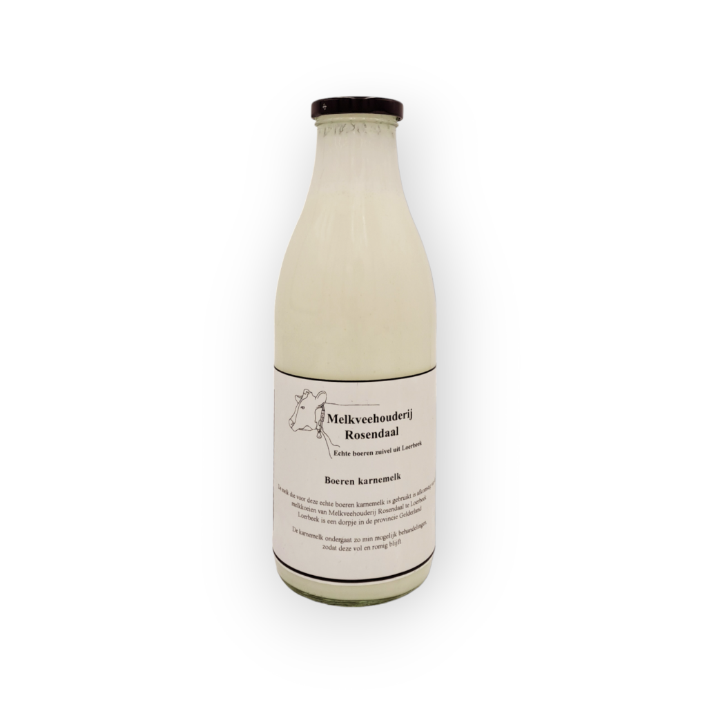 Boeren Karnemelk 1 liter (glas)(inclusief statiegeld € 1.00) Melkveehouderij Rosendaal uit Loerbeek