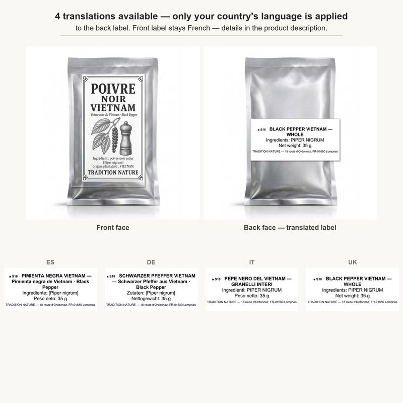 Poivre noir du Vietnam entier 35g - Recharge sachet argenté