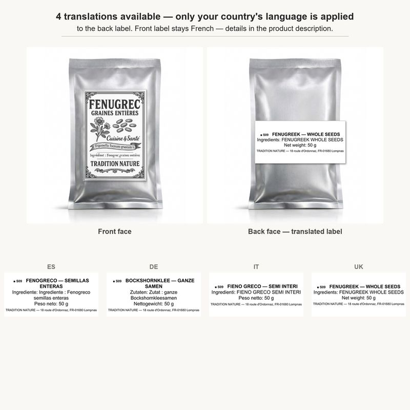 Fenugrec graines entières 50 g — Recharge sachet argenté