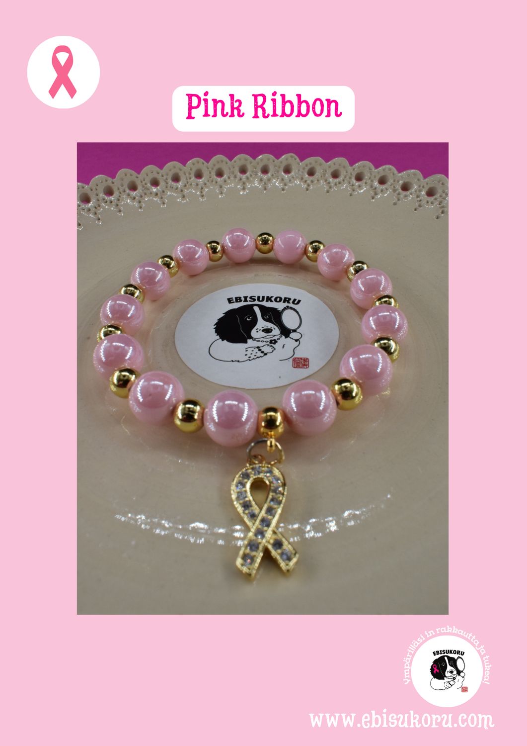 Pink Ribbon rannekoru, rintasyöpä, tietoisuus ja tsemppi koru, gold