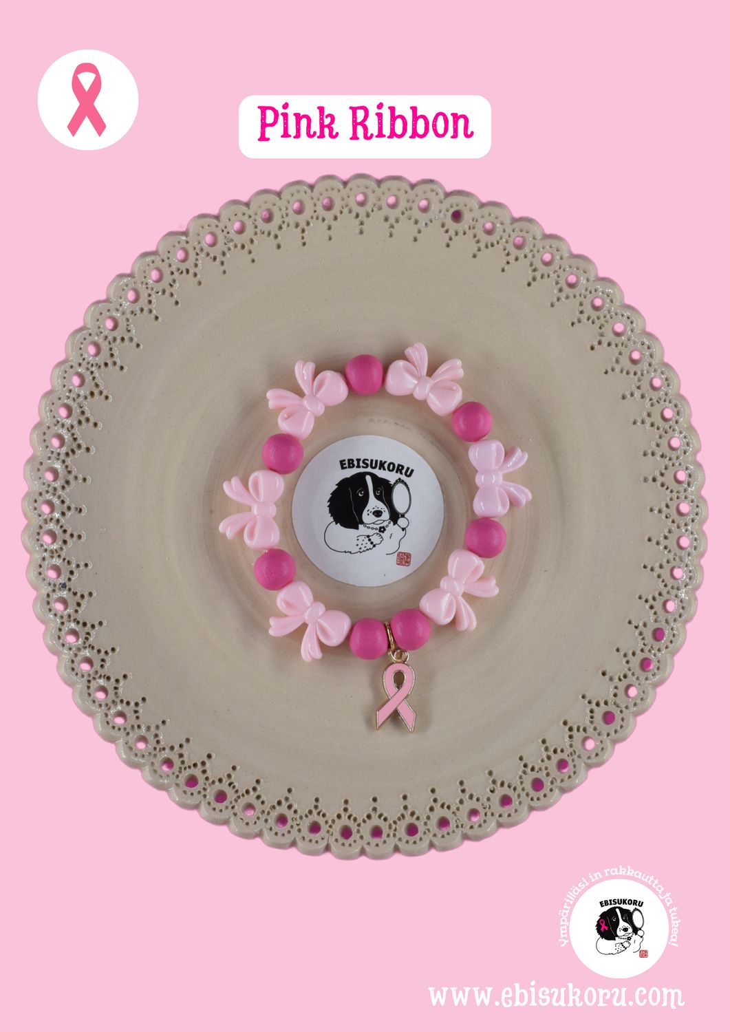 Pink Ribbon rannekoru, rintasyöpä, tietoisuus ja tsemppi koru, sweet pink