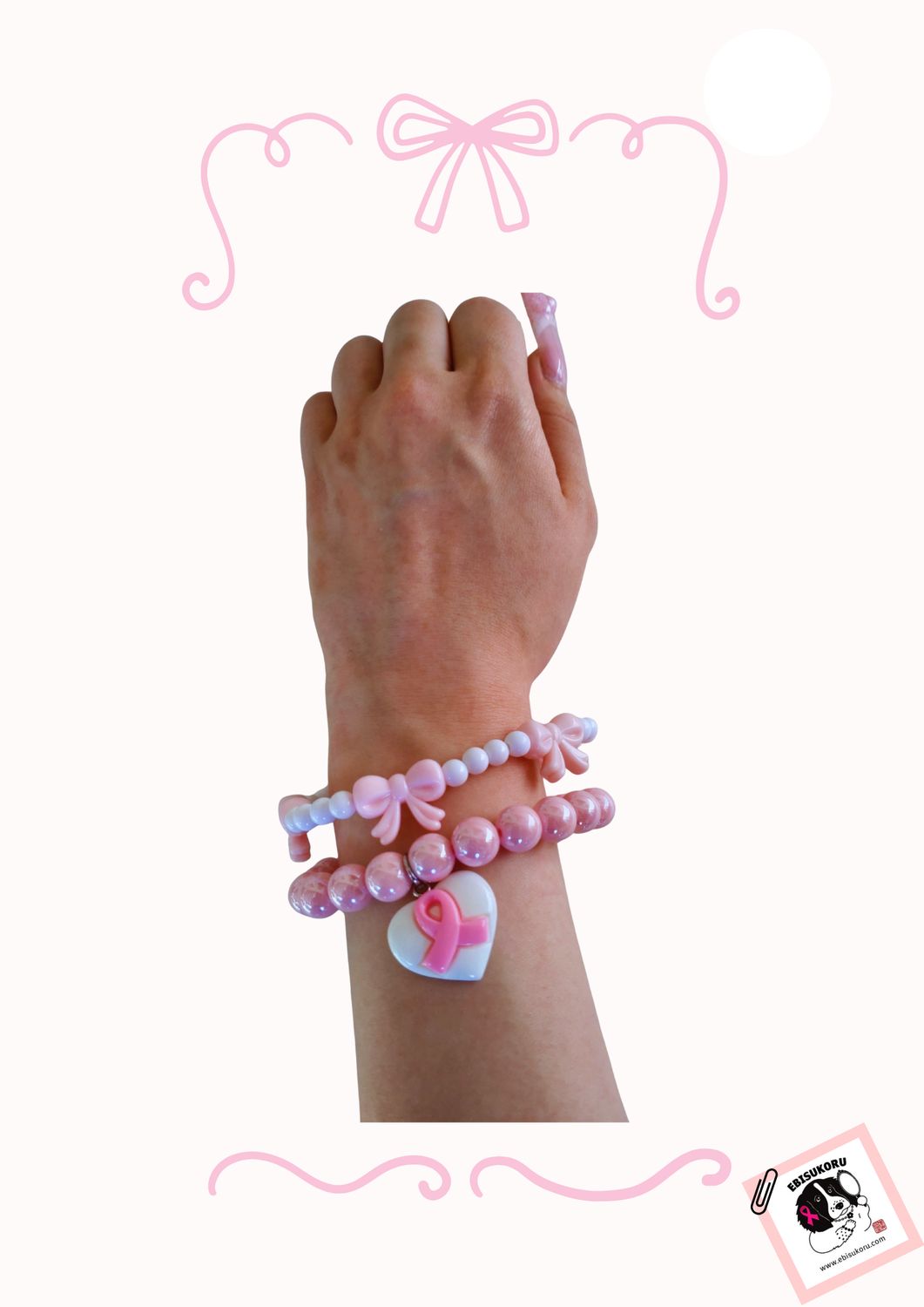 Pink Ribbon rannekoru, rintasyöpä, tietoisuus ja tsemppi koru, double