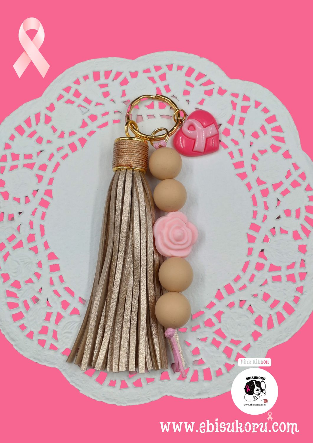 Avaimenperä &quot;Pink Ribbon&quot; tasseli/pinkki ruusu