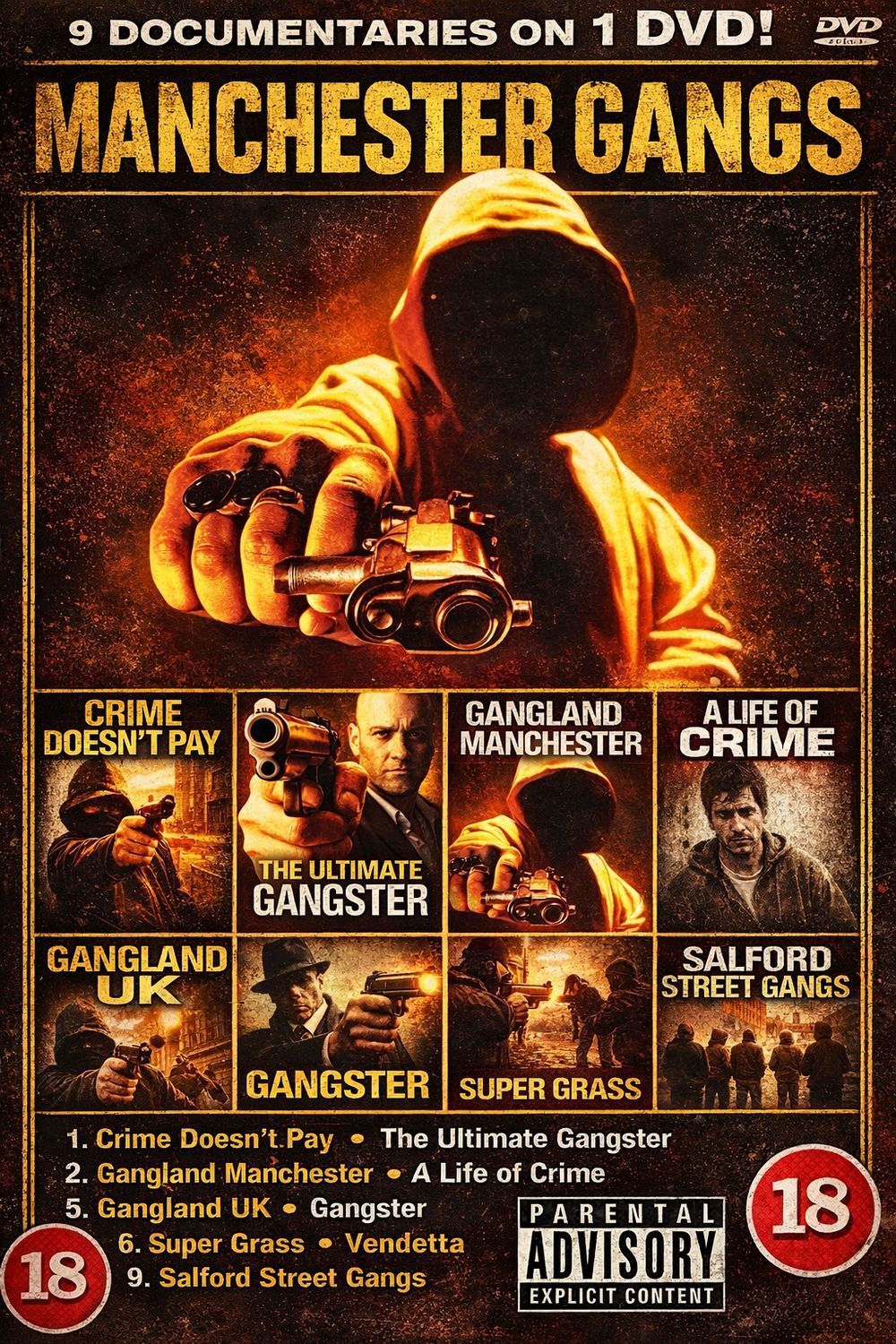 Gangland Manchester DVD - 9 on 1,   Crime Doesn't pay , The Ultimate Gangster, Gangland Manchester, A Life of Crime, Gangland Uk, Gangster, Super grass , Vendetta , Salford Street gangs