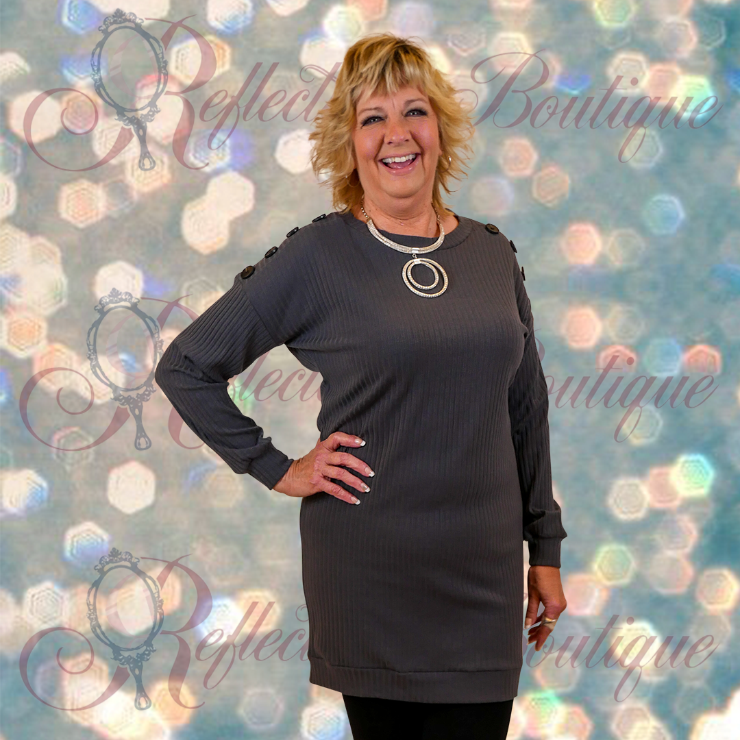 Victoria Leeland Charcoal Ribbed Tunic/Dress w/ button detail