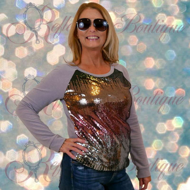 Tan Sleeve Sequin Front Sweatshirt