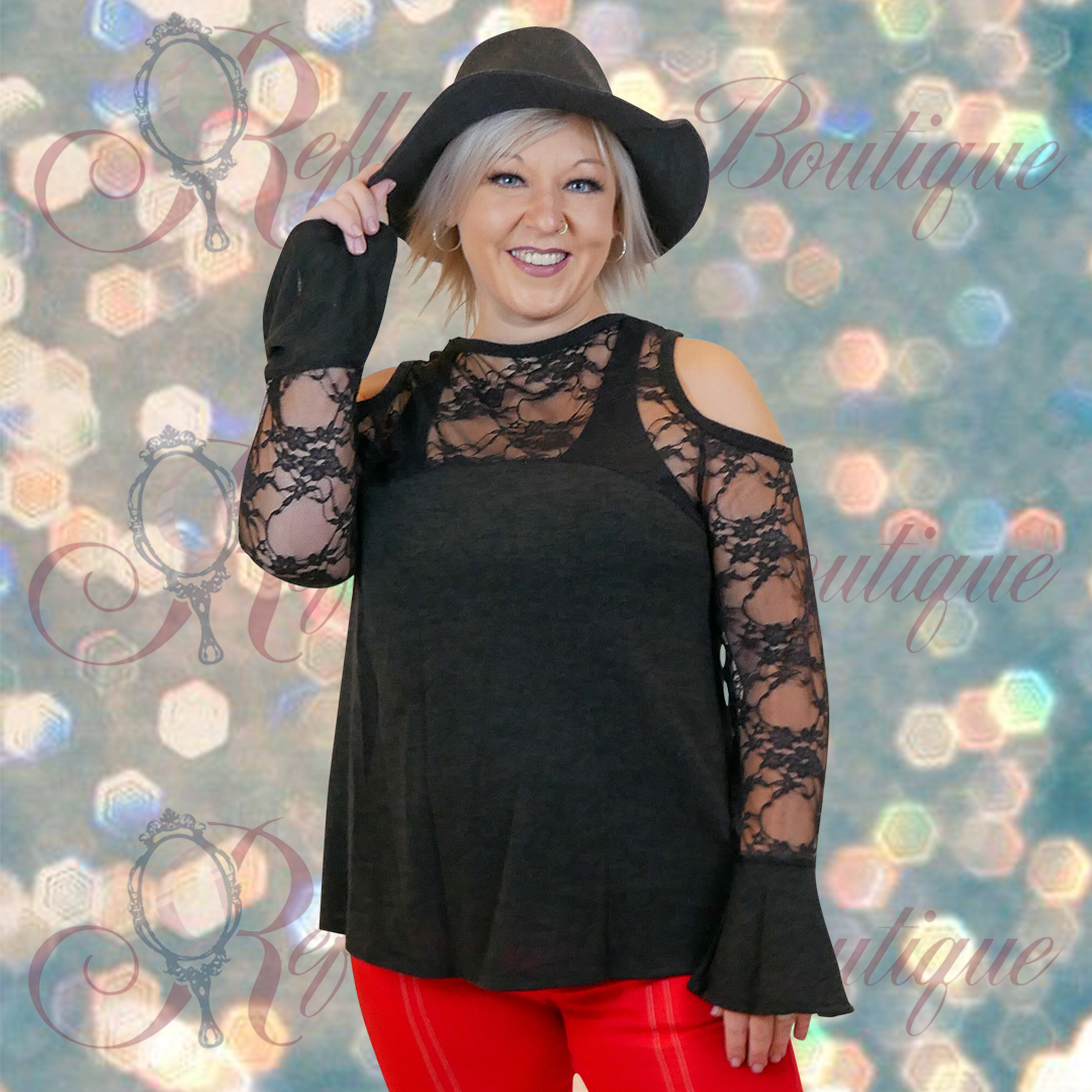 Vocal Charcoal Cold Shoulder Lace Bell Sleeve Top