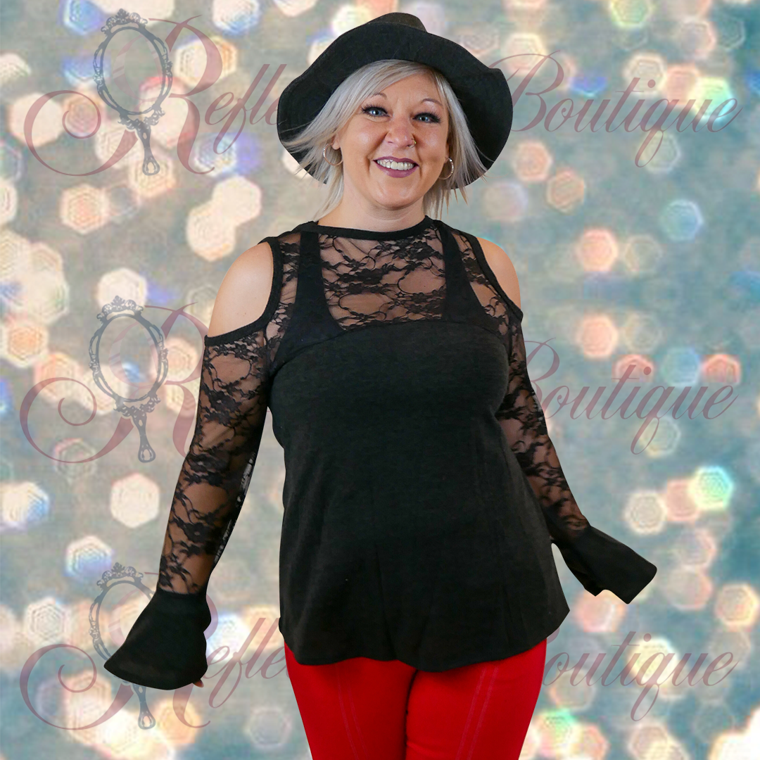 Vocal Charcoal Cold Shoulder Lace Bell Sleeve Top