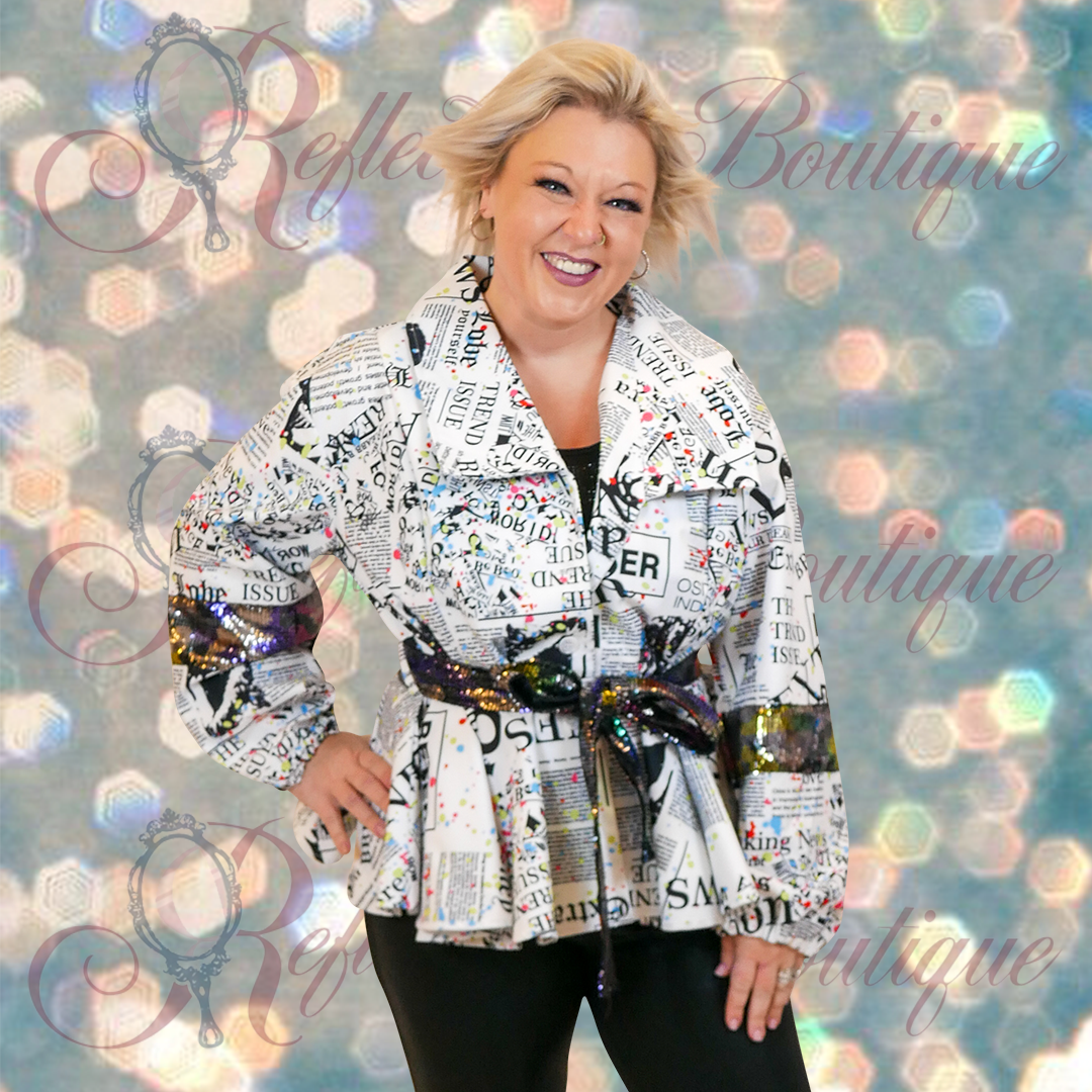 News Print Sequin Belted Jacket