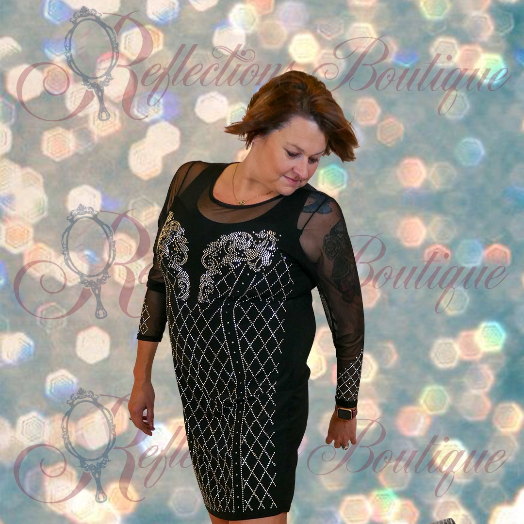 Vocal Mesh  Sleeve Rhinestone Dress