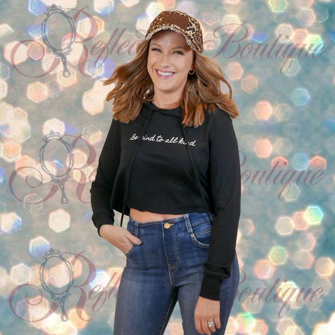 “Be Kind to all Kind” Black LS Hooded Crop Top