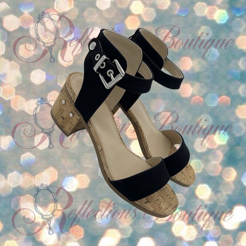 Madaline Black Buckle Cork Block Heel