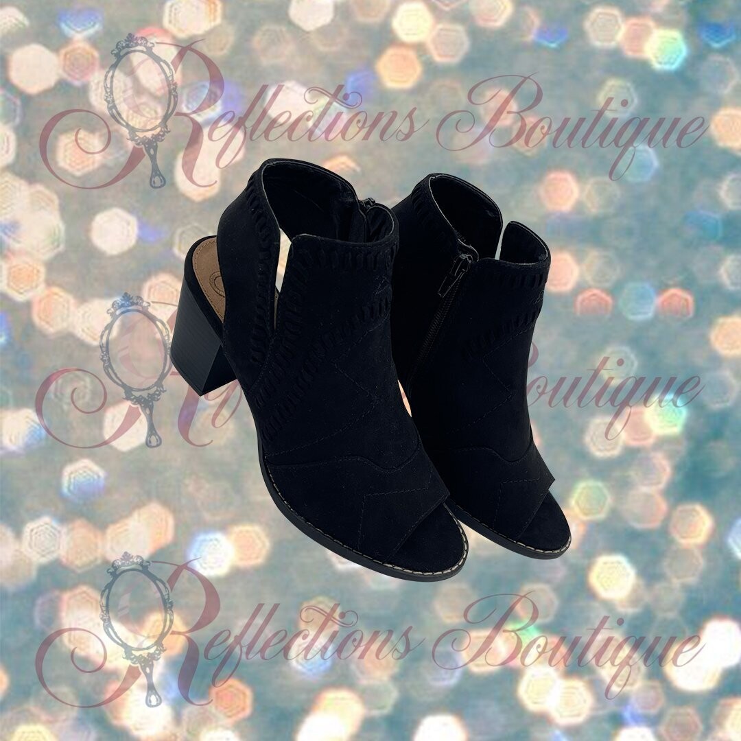 Madaline Black Peep Toe/Open Back Block Heel Bootie