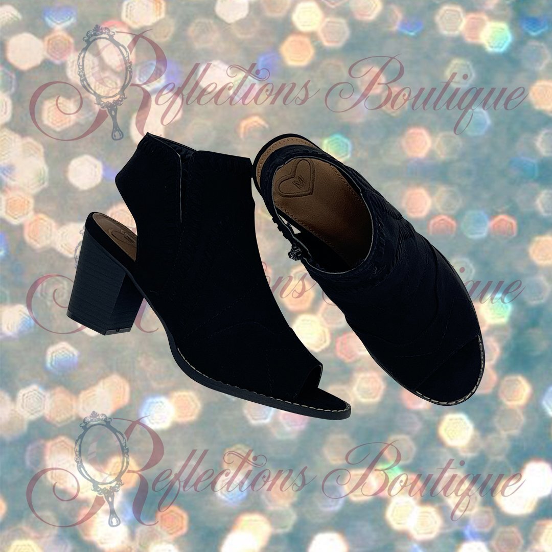 Madaline Black Peep Toe/Open Back Block Heel Bootie