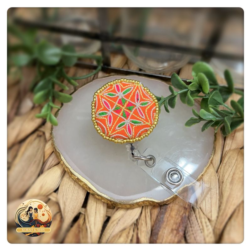 Orange 🍊 Badge Reel (vintage Handmade Hmong Embroidery)