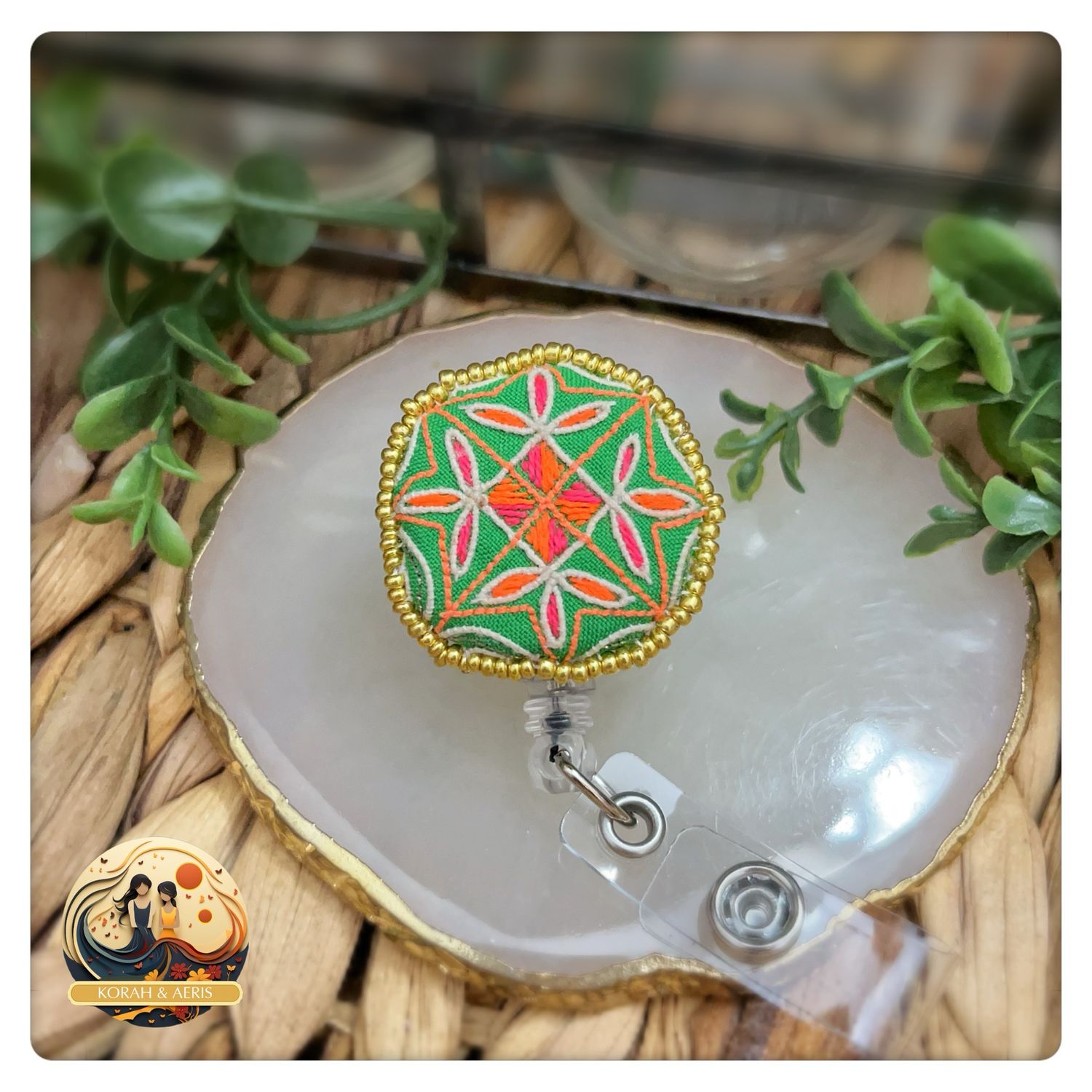 Lemon Green Badge Reel (vintage Hmong Handmade Embroidery)
