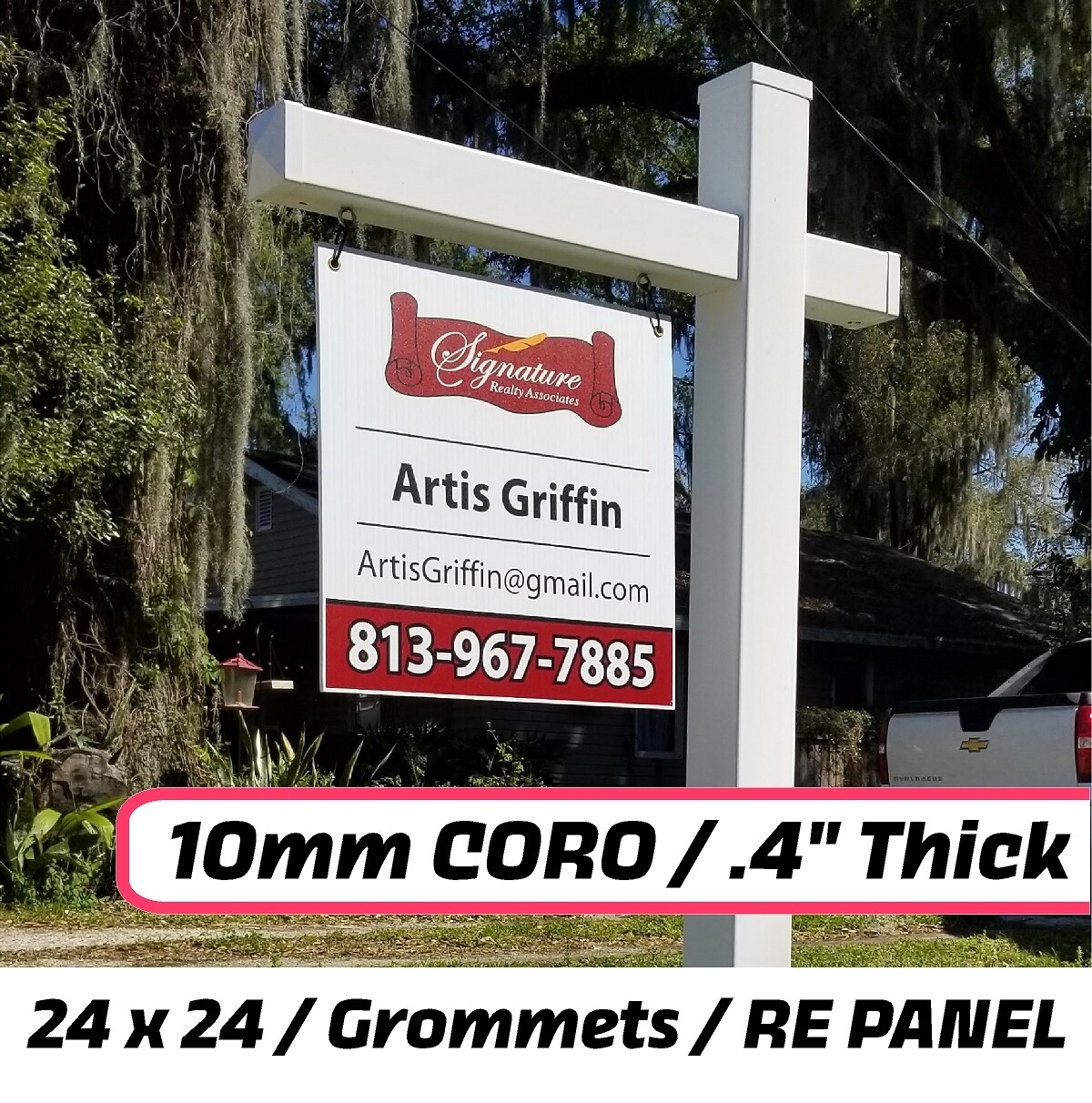 24 x 24 Hanging Real Estate Sign / GROMMETS / 2 SIDE / 10MM CORO