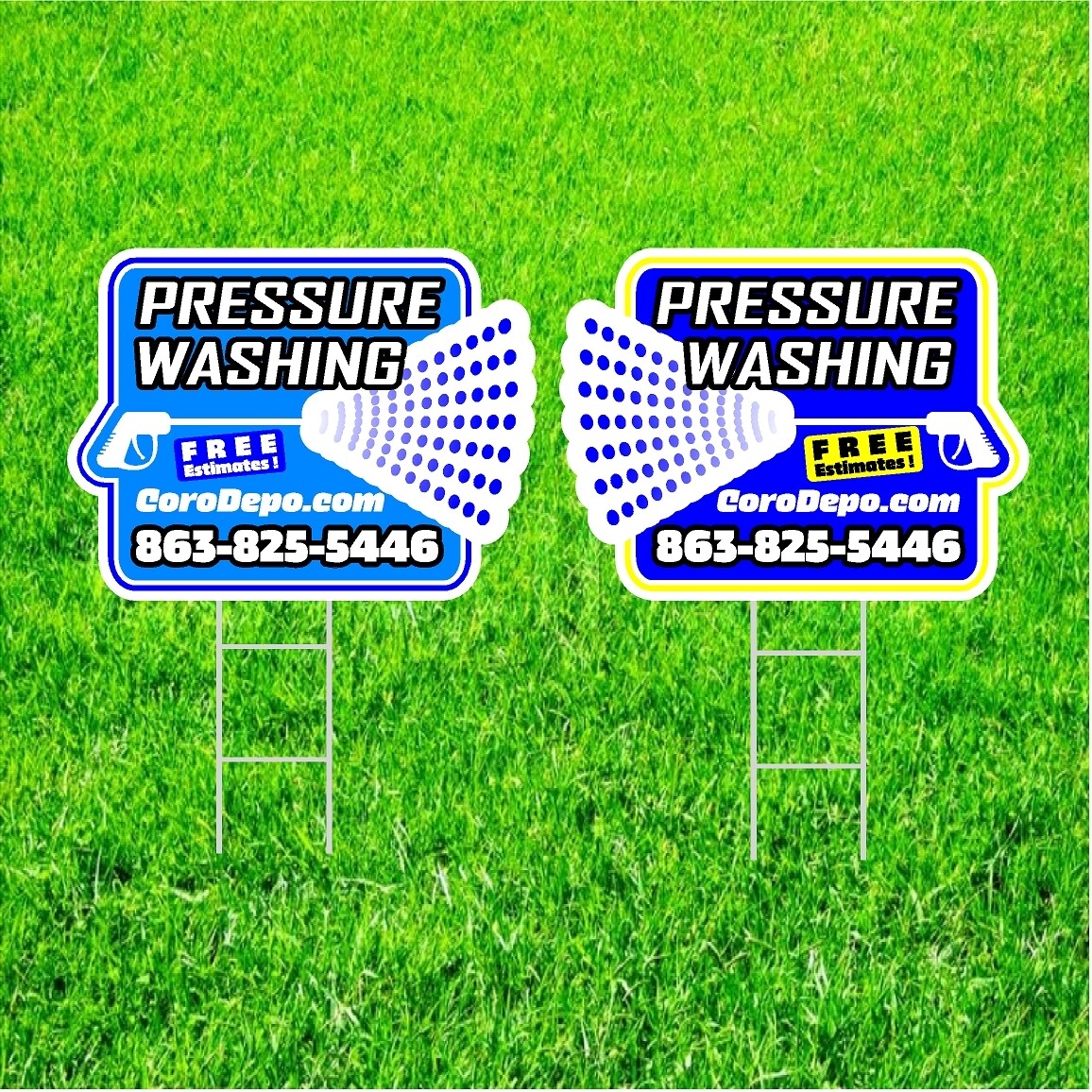 100 Pressure Washing Yard Signs - 18 x 24 - Custom Shape 4/4 FREE Set Up &amp; Gloss Finish / Optional: Stands and Rush
