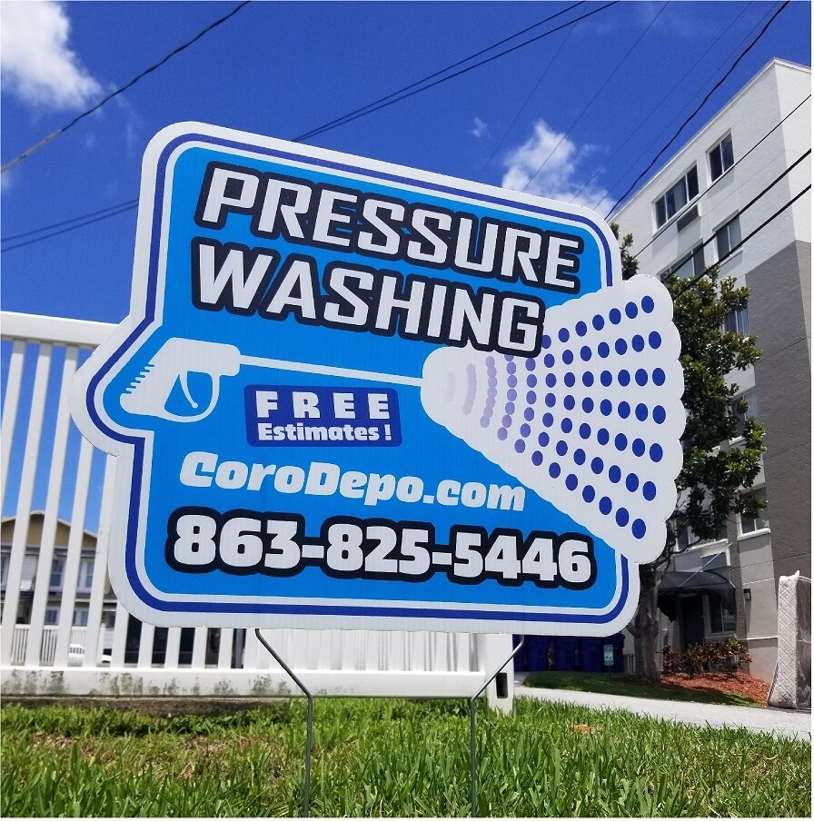 100 Pressure Washing Yard Signs - 18 x 24 - Custom Shape 4/0, FREE Set Up &amp; Gloss Finish / Optional: Stands and Rush