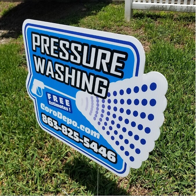 100 Pressure Washing Yard Signs - 18 x 24 - Custom Shape 4/4 FREE Set Up &amp; Gloss Finish / Optional: Stands and Rush