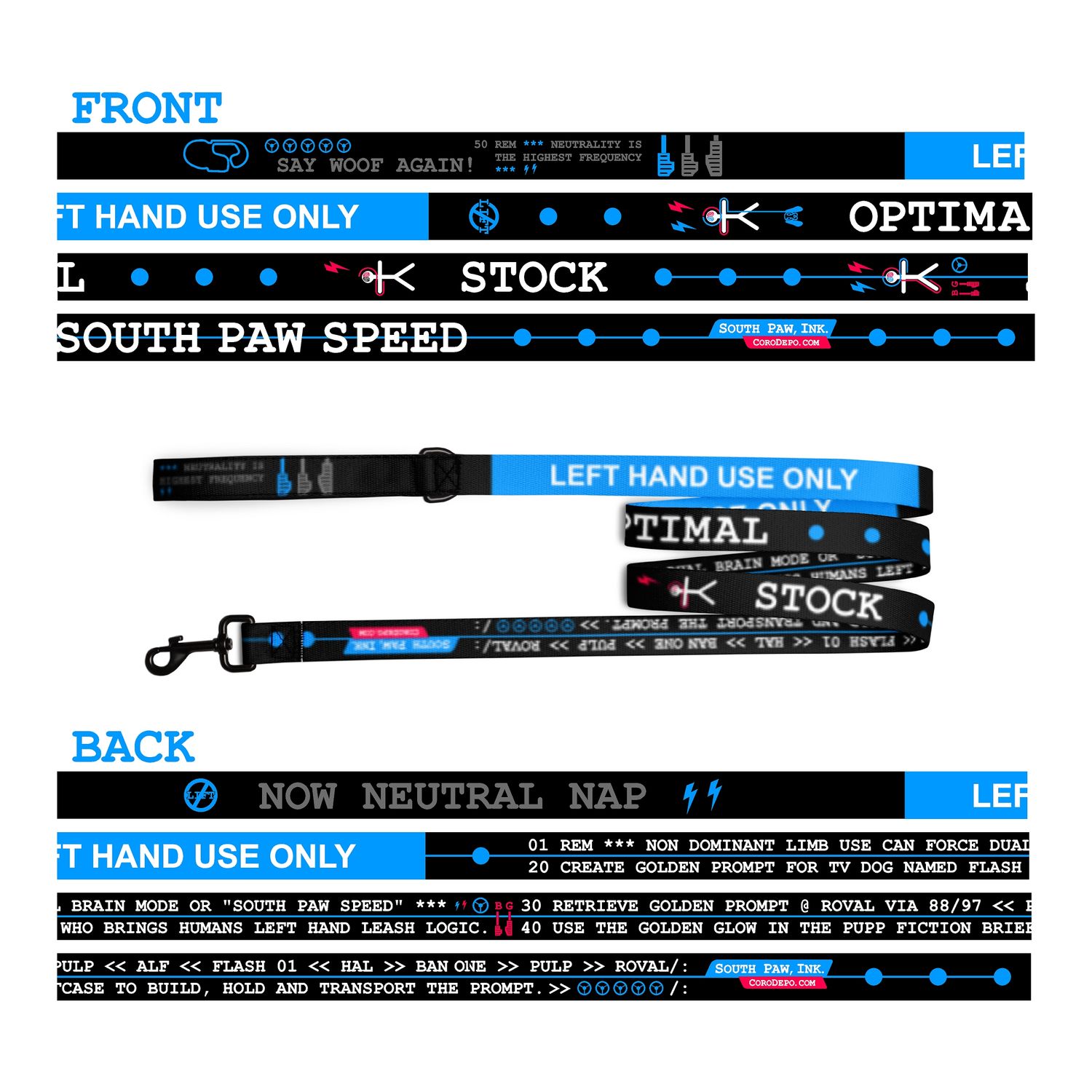 Left Handed Dog Leash - RUN:/  Dual Brain Mode / SOUTH PAW SPEED with our left handed leash.