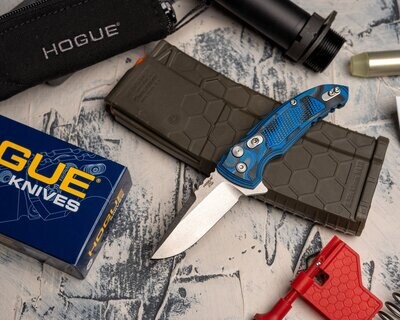 **Hogue Knives exclusive ** X1-Microflip, Button lock Knife, G-Mascus Blue Scales, 2.75"elishewitz 154cm drop point PAY NO SALES TAX