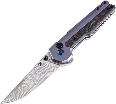 Kansept Knives EDC Tac Linerlock Damascus blade and blue anodized titanium handle