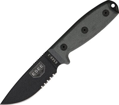 ESEE Knives Model 3 Part Serrated Fixed Blade Knife, black powder coated partially serrated 1095HC steel blade. RC3SM