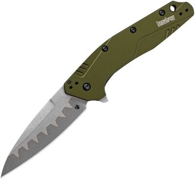 Kershaw Dividend Assisted Opening Flipper Knife ,OD green anodized aluminum handle. CPM D2 and Bohler N690 steel blade. MADE IN USA