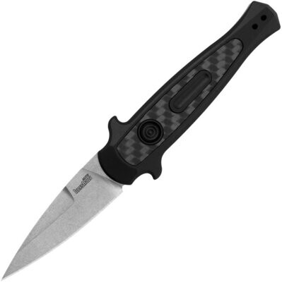 Kershaw Launch 12 Stiletto Auto Knife ,stonewash finish CPM-154 stainless blade. Black anodized aluminum handle with carbon fiber inlay. Pocket clip.