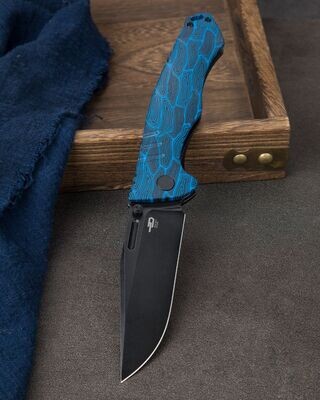 Bestech Knives Keen Flipper Knife , BLACK BLUE DAMASCUS G10+TITANIUM ,S35VN Blade