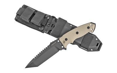 Hogue Knives, EX-F01, Fixed Blade Knife, 5.5" Tanto Blade with Broad Rear Saw Teeth, Black Cerakote Finish, A2 Tool Steel, G10 Flat Dark Earth Handle, Retention Sheath. PAY NO SALES TAX ON THIS ITEM