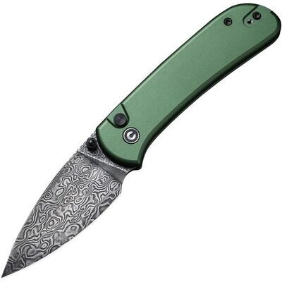 Civivi Knives Qubit Button Lock Knife, Damascus steel blade,Green aluminum handle. PAY NO SALES TAX ON THIS ITEM.