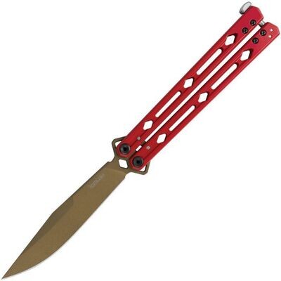 Kershaw Lucha Butterfly Knife Red Stainless Steel Handles/ Bronze Sandvik 14C28N steel clip point blade. PAY NO SALES TAX ON THIS ITEM.