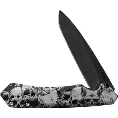 Case Kinzua Flipper Knife, S35VN Black stonewashed Blade Aluminum handle with skull artwork. FREE SHIPPING, PAY NO SALES TAX. SAVE LOTS $$$$$$