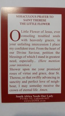 Miraculous  prayer to St Therese the Little Flower -Prayer Card