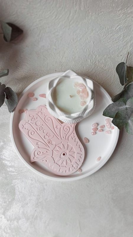 Rose Quarts Candle and Hamsa Holder Combo