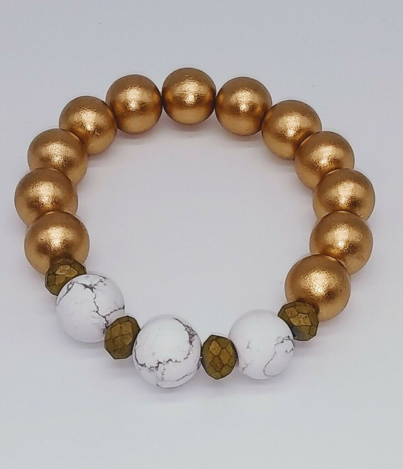 White Magnesite Faceted Crystal Gold Wood Stretch Stacking Bracelet