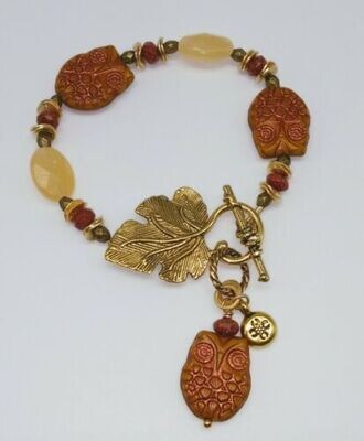 Artisan Honey Jade Czech Glass Owl Leaf Toggle Bracelet
