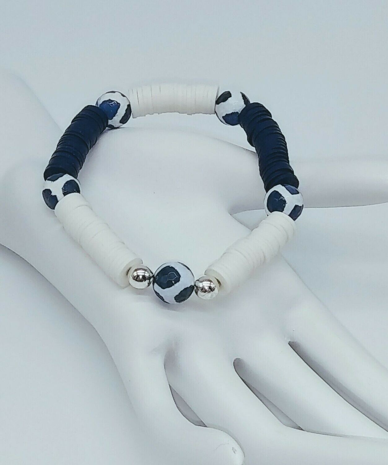 Navy Blue and White Giraffe Dzi Agate Stretch Bracelet