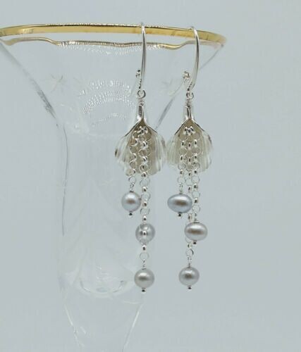 STERLING SILVER CALLA LILY GRAY FRESHWATER PEARL EARRINGS
